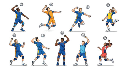 Volleyball Players in Action: Diverse Poses and Uniforms.