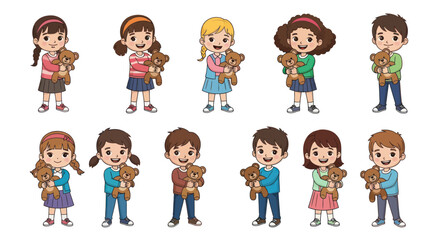 A diverse group of cute cartoon children boys and girls holding their teddy bear toys.