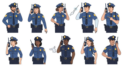 Diverse Group of Police Officers Communicating with Radios.