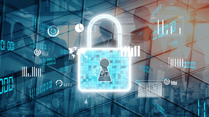 Conceptual image depicting a digital lock symbolizing security amidst a backdrop of business...