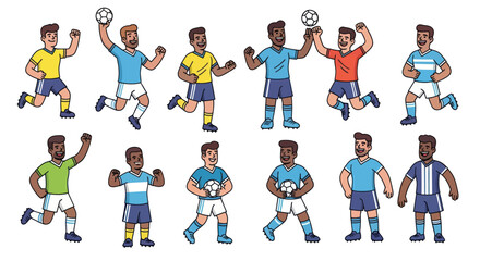 Cartoon Soccer Players in Various Poses Wearing Colorful Uniforms and Ready for Action.