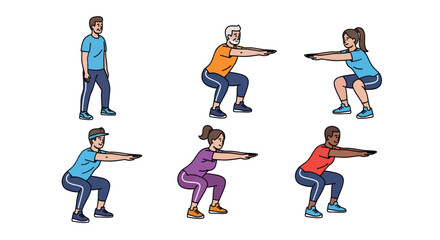 Obraz premium Diverse group of people performing squats in a fitness illustration.