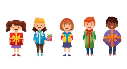 Children Holding Gifts Cartoon Illustration Diverse Group.
