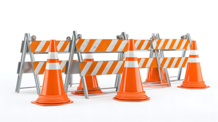 Traffic safety barriers and cones create a caution zone in an urban setting.