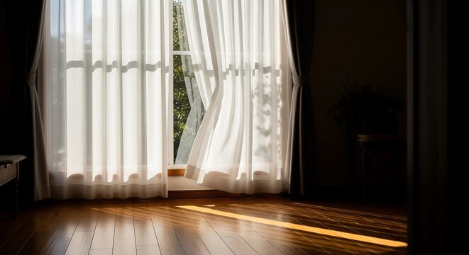 Calm and comforting: soft sunlight passing through sheer curtains