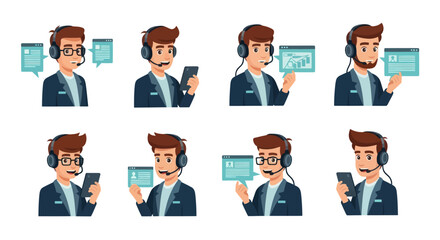 Set of male call center operator characters wearing headsets using smartphones and tablets for customer support.