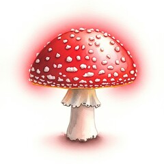 A vibrant illustration of a red mushroom with white spots against a soft, diffused glow, evoking a sense of fairy tale magic and natural wonder.