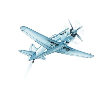 An illustration of a single propellar plane is captured mid-flight against a plain background, perfect for design projects related to aviation, travel, and exploration.