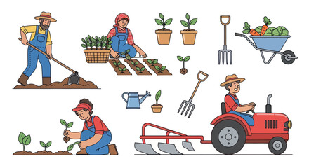 Vector Illustration of Farmers and Farming Equipment in Action.