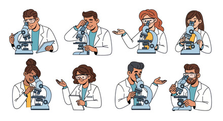 Scientists Using Microscopes in Laboratory Diverse Researchers in White Coats Scientific Research.