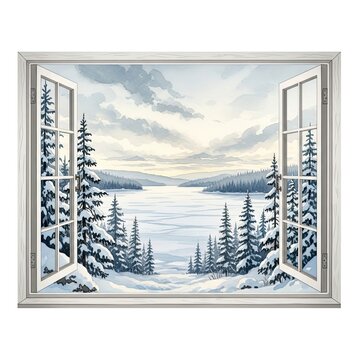 A picturesque winter landscape, as viewed through an open window, depicting snow-covered evergreen trees and a tranquil frozen lake. A perfect, dreamy view of serenity in this winter wonderland.
