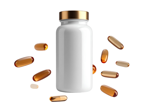 Firefly_Minimalist 3D supplement container with scattered translucent capsules isolated on transparent background