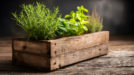 A rustic wooden planter filled with fresh herbs, including rosemary, mint, and thyme, showcasing vibrant green foliage.