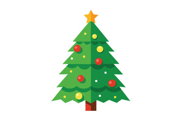 Green triangular fir tree has yellow star with red and yellow ornaments