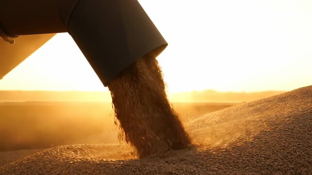 A cinematic close-up of golden wheat grains pouring from a harvester during a scenic sunset harvest