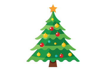 Decorated cartoon Christmas tree adorned with colorful baubles with a star at the top