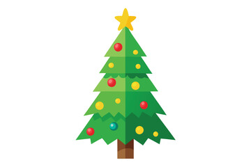 Stylized Christmas tree adorned with colorful ornaments and a golden star sits isolated against white