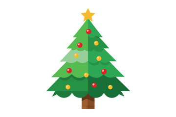 Decorated green Christmas tree with red and yellow ornaments topped by a shining gold star