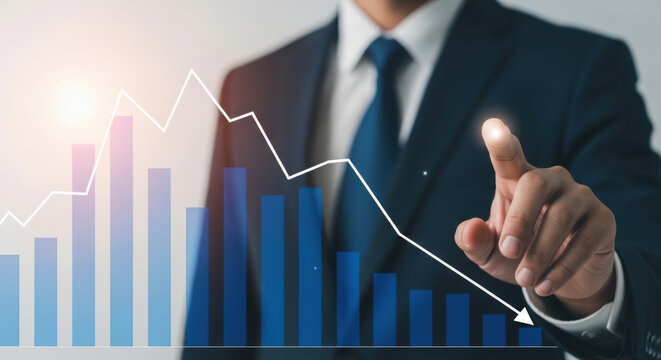 Businessman pointing at a downward trending financial graph.
