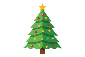 Festive green Christmas tree shines with bright yellow star and colorful ornaments