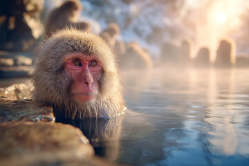 Naklejka premium Snow monkey in hot spring