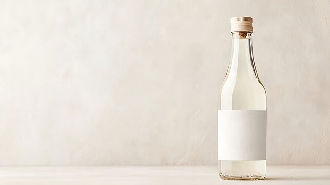 Clear glass bottle with blank white label and cork stopper