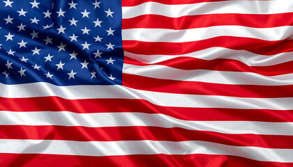 Naklejka premium Wavy national flag of the United States with thirteen red and white stripes and blue canton of fifty white stars, symbolizing unity, freedom, and American heritage.