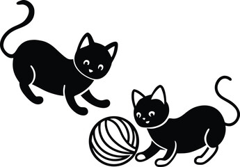 cute kittens playing with yarn balls illustration on transparent background