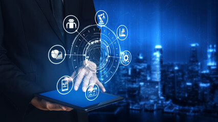 Predictive maintenance icons for industry, automation, smart factory and manufacturing showing data analysis, monitoring, robotics and system optimization with advanced maintenance solutions. Entice