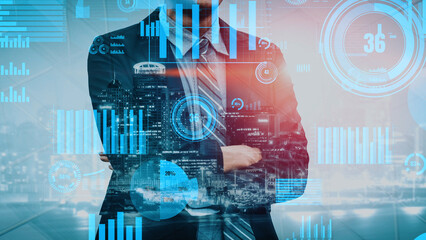 A businessman stands confidently with arms crossed, surrounded by futuristic data visuals, representing market analytics against a vibrant cityscape backdrop. Xenic