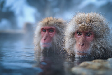 Naklejka premium Two snow monkeys relaxing in a hot spring