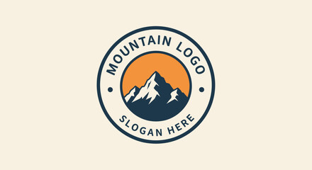 A circular logo featuring a stylized mountain peak with snow and an orange sun, with text 