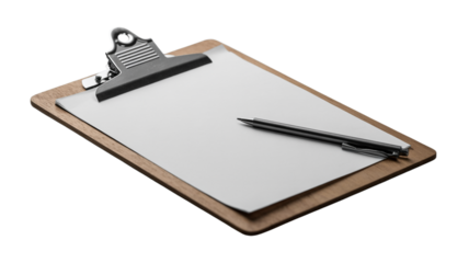 Wooden clipboard with blank paper and black pen on gray background

