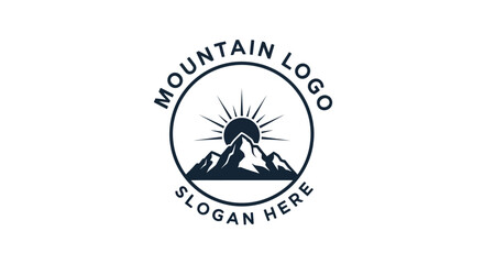 A minimalist circular logo featuring a stylized mountain range with a radiant sun rising behind the peaks, enclosed within a dark blue outline and text place...