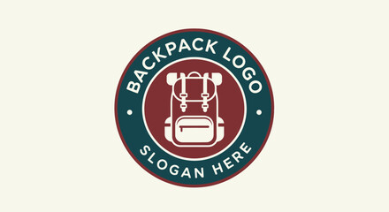 A circular logo featuring a white minimalist backpack icon centered on a dark red background, framed by a dark teal ring with 