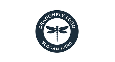 Dark navy blue circular logo featuring a dragonfly silhouette, surrounded by a white ring, perfect for a dragonfly-themed business.