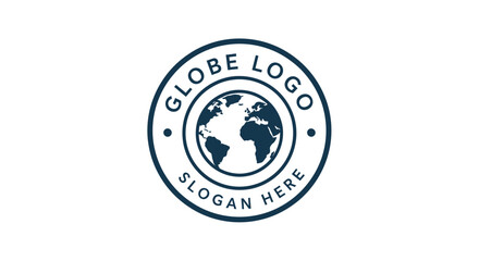 A minimalist circular logo featuring a stylized blue and white globe icon with placeholder text for "GLOBE LOGO" and "SLOGAN HERE" on a white background.