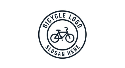 A minimalist circular logo template featuring a bicycle icon with placeholder text for a brand name and slogan.