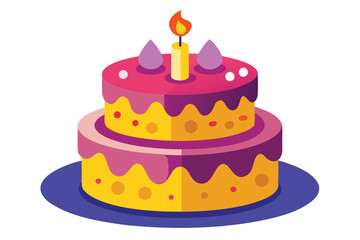 Two tiered cake with pink frosting and burning candle rests on plate