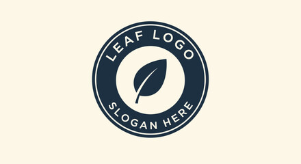 Dark blue circular logo featuring a leaf graphic, with text 