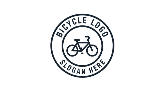A minimalist circular logo template featuring a bicycle icon with placeholder text for a brand name and slogan.