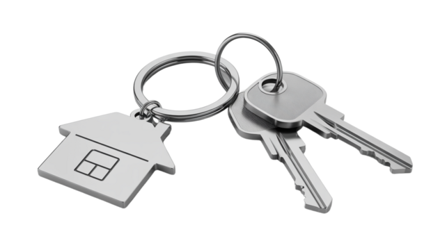 House keys on a ring with metal house shape keychain


