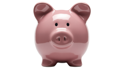 Cute pink ceramic piggy bank isolated on gray

