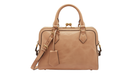 Luxury nude leather handbag with top handles and shoulder strap

