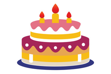 Two tiered cake topped with pink frosting and burning candles sits beautifully against white