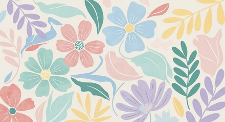 Floral Fantasy: A whimsical array of pastel-hued flowers and foliage creates a soft, joyful botanical arrangement, perfect for artistic or decorative purposes.