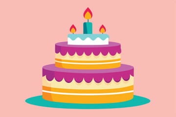 Two layered cake adorned with vibrant frosting and lit candles sits against pink backdrop