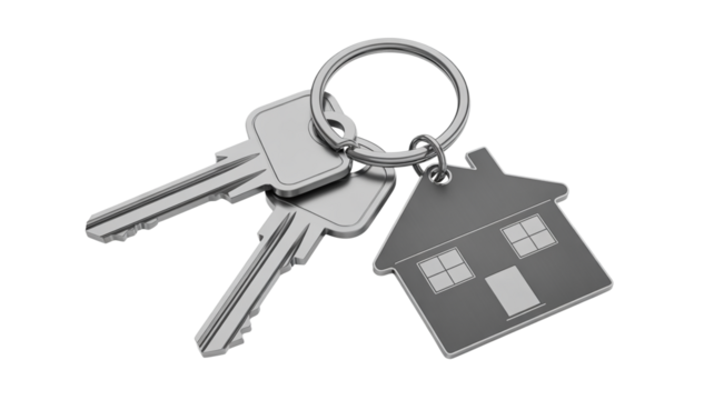 Two metal keys on a ring with house shape keychain

