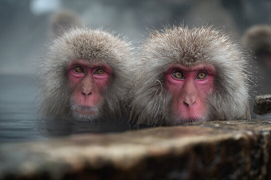 Two Japanese snow monkeys in a hot spring