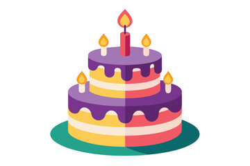 Two layered cake with candles features yellow, white, pink and purple frosting details